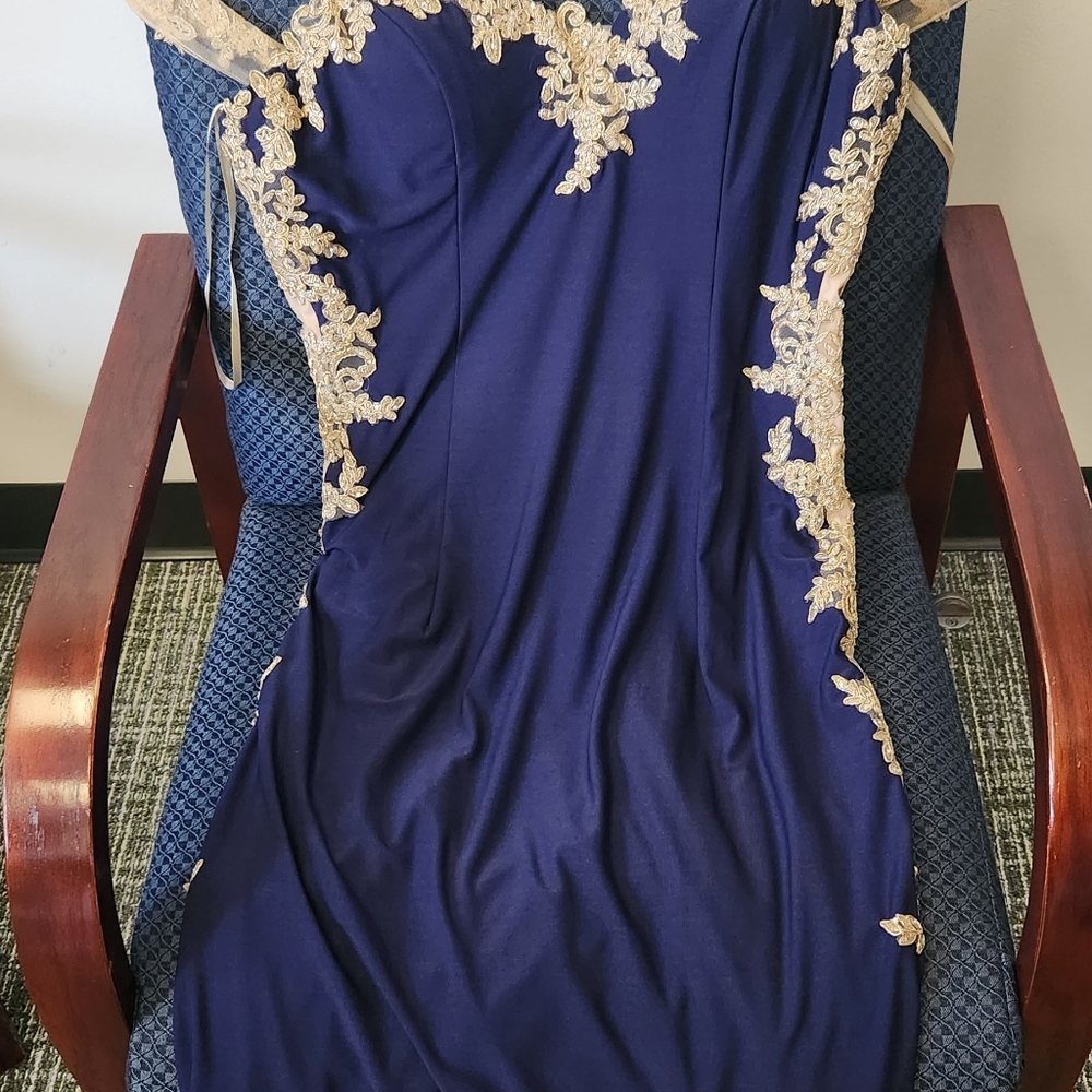 Blue dress with beige lace